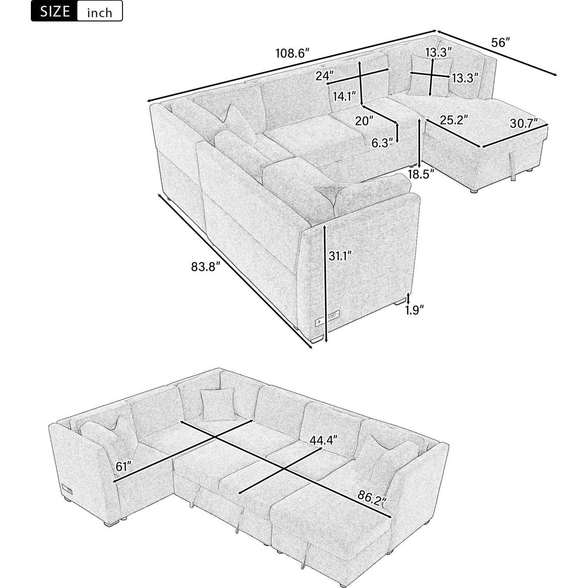 108.6" U-shaped Sectional Sofa Pull out Sofa Bed with Two USB Ports, Two Power Sockets, Three Back Pillows and a Storage Chaise for Living Room, Black
