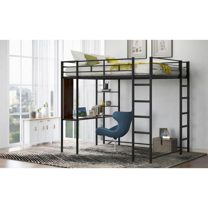 Full Size Metal Loft Bed with 2 Shelves and one Desk, Black