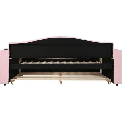 Twin Size Upholstered Daybed with Storage Armrests, Trundle and Latest Integrated Bluetooth Audio System, Teddy Fleece, Pink