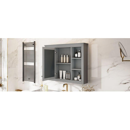 35" x 27.5" Medicine Cabinet, Wall Mounted Bathroom Storage Cabinet, Modern Bathroom Wall Cabinet with Mirror, Mirror Cabinet with 6 Open Shelves (Not Include Bathroom Vanity)