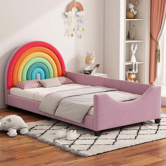 Rainbow Upholstered Twin Daybed Low to The Ground Design Cute Style Princess Bed for Boys & Girls, Teens, Colorful & Pink