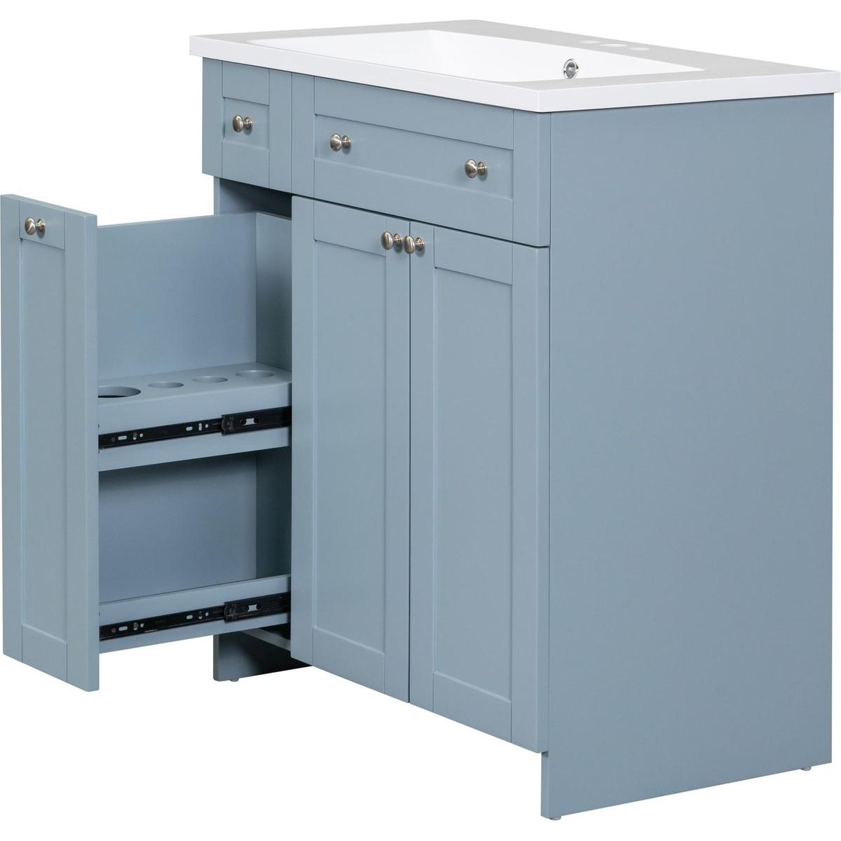 Modern 30-Inch Bathroom Vanity Cabinet with Easy-to-Clean Resin Integrated Sink in Blue