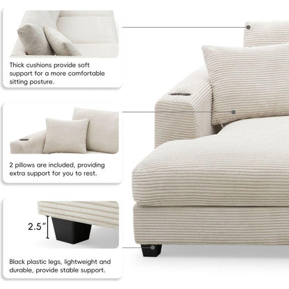 134x54"Oversized Corduroy Sectional Sofa,L Shaped Cloud Couch with USB Charging Port,Cup Holder,Deep Seat Sofa Bed with 50" Chaise,Comfy Indoor Furniture for Living Room,3 Colors