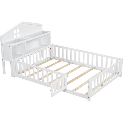 Full-size Floor Beds with Bookcases and Blackboards, Versatile Platform Beds with Guard rails, Solid Wood Floor Beds with Storage Headboards, Floor Beds for Kids and Teens White