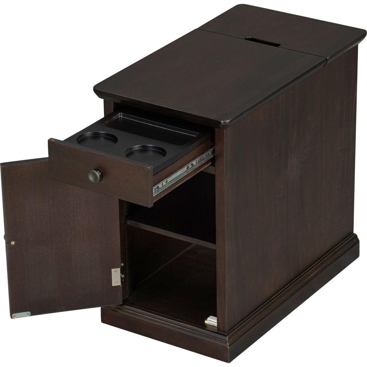 Classic Vintage Livingroom End Table Side Table with USB Ports and One Multifunctional Drawer with cup holders, Antique Espresso