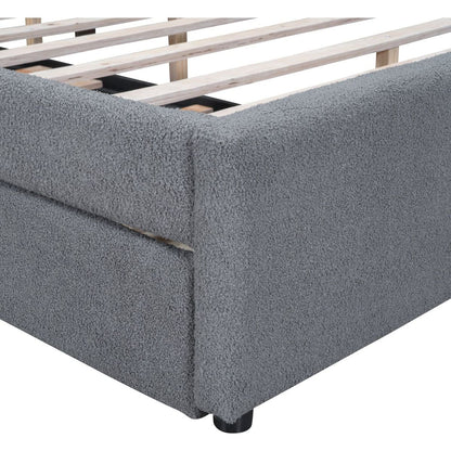 Teddy Fleece Queen Size Upholstered Platform Bed with Trundle, Gray