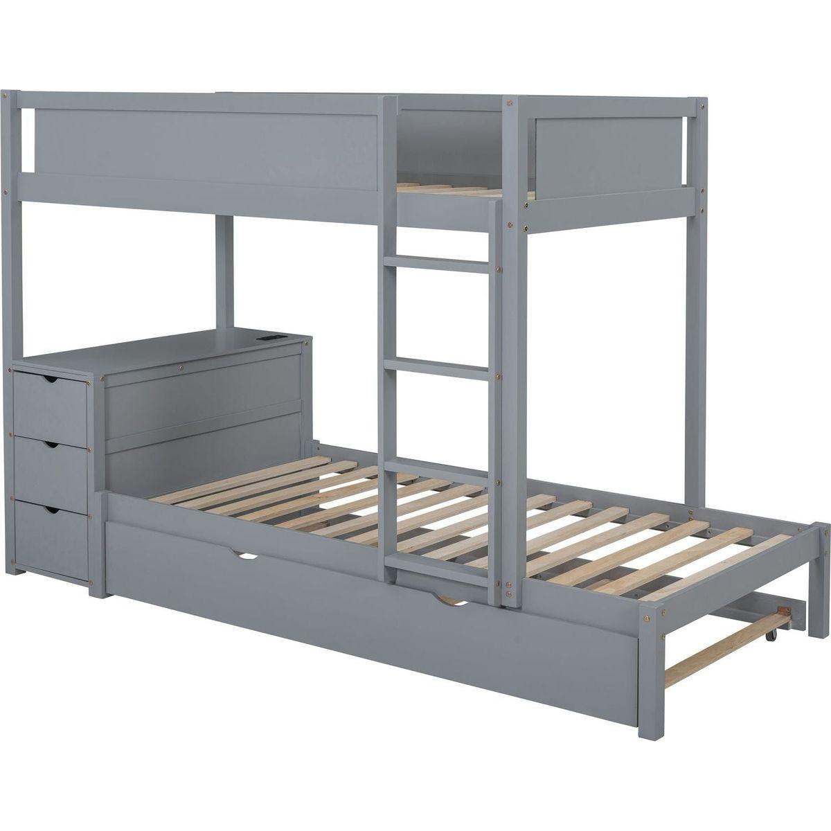 Twin-Over-Twin Bunk Bed with Twin size Trundle, Storage and Desk, Gray