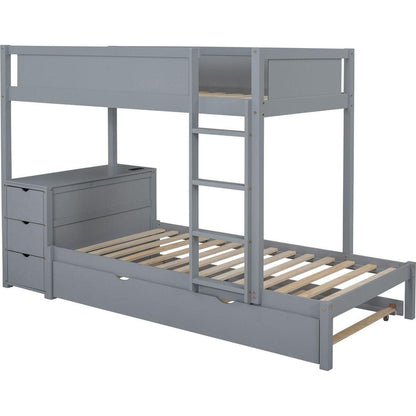 Twin-Over-Twin Bunk Bed with Twin size Trundle, Storage and Desk, Gray
