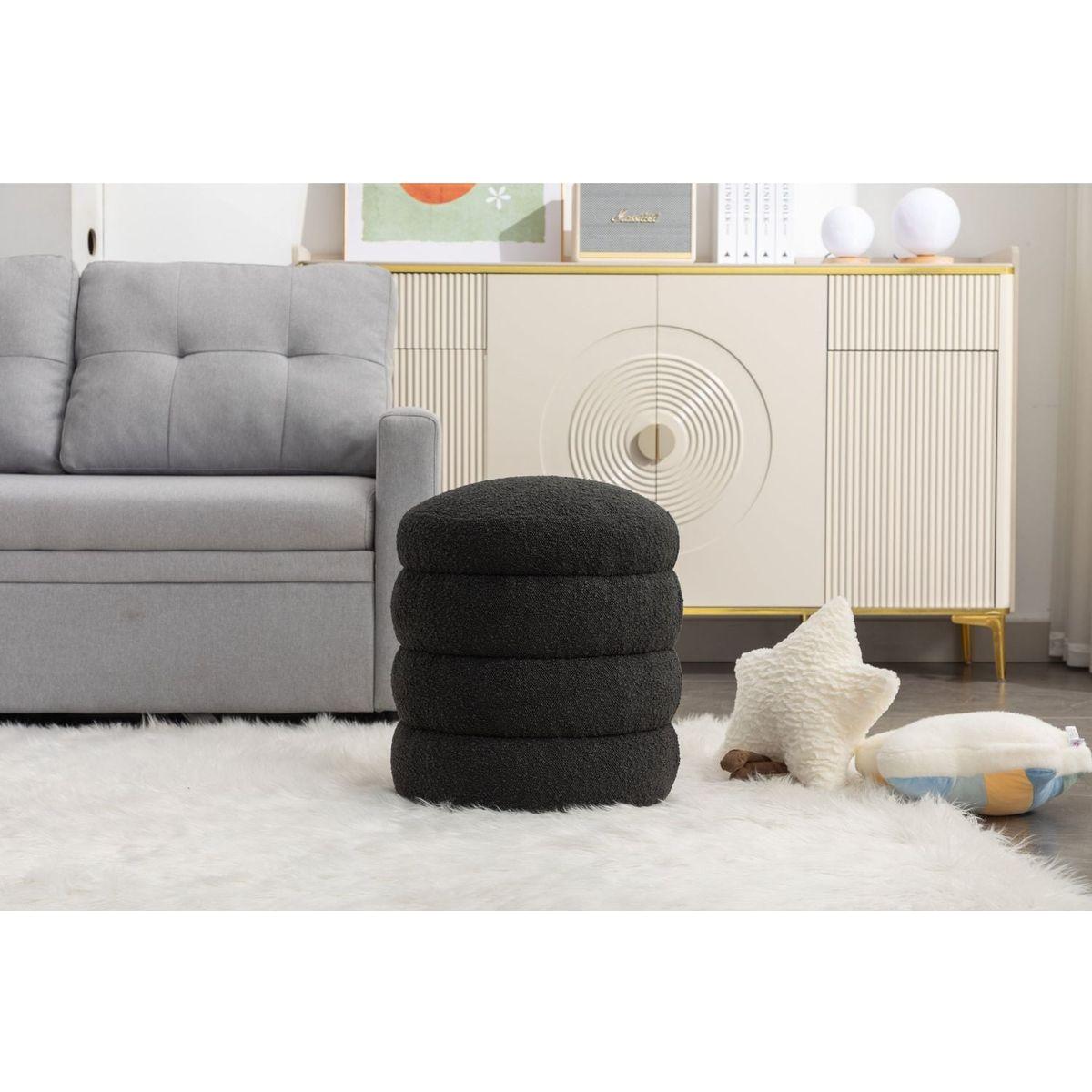 Soft Boucle Round Ottoman Footrest Stool,Black