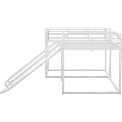 Full and Twin Size L-Shaped Bunk Bed with Slide and Short Ladder, White
