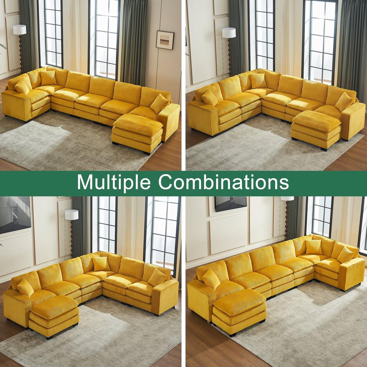Modern U Shaped 6-seat Sectional Sofa Couch with one Ottoman and three toss pillows, Modular Sofa for Living Room,Corduroy sofa