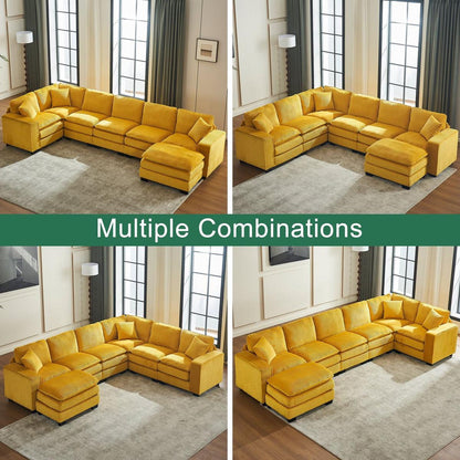 Modern U Shaped 6-seat Sectional Sofa Couch with one Ottoman and three toss pillows, Modular Sofa for Living Room,Corduroy sofa