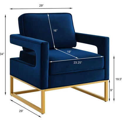 Modern Style Accent Chair with Gold Metal Base, Velvet Upholstered Leisure Chair with Open Armrest, Armchair, Navy