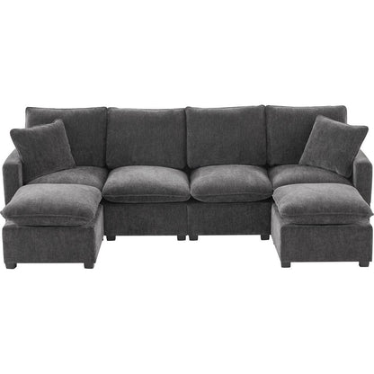 110x57" Modern U Shape Modular Sofa, 6 Seat Chenille Sectional Couch Set with 2 Pillows Included, Freely Combinable Indoor Funiture for Living Room, Apartment, Office, 2 Colors