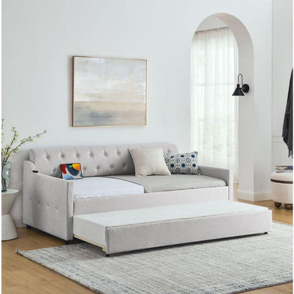Twin Size Upholstery DayBed with Twin Size Erectable Trundle and USB Charging Design, Linen Beige