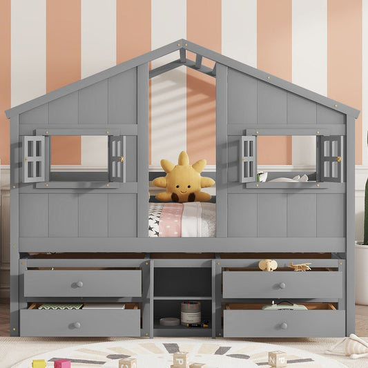 Full Size House Loft Bed with Roof, Windows,4 Storage Drawers,Pine Wooden Bed with Safety Guardrails,Ladder,Grey
