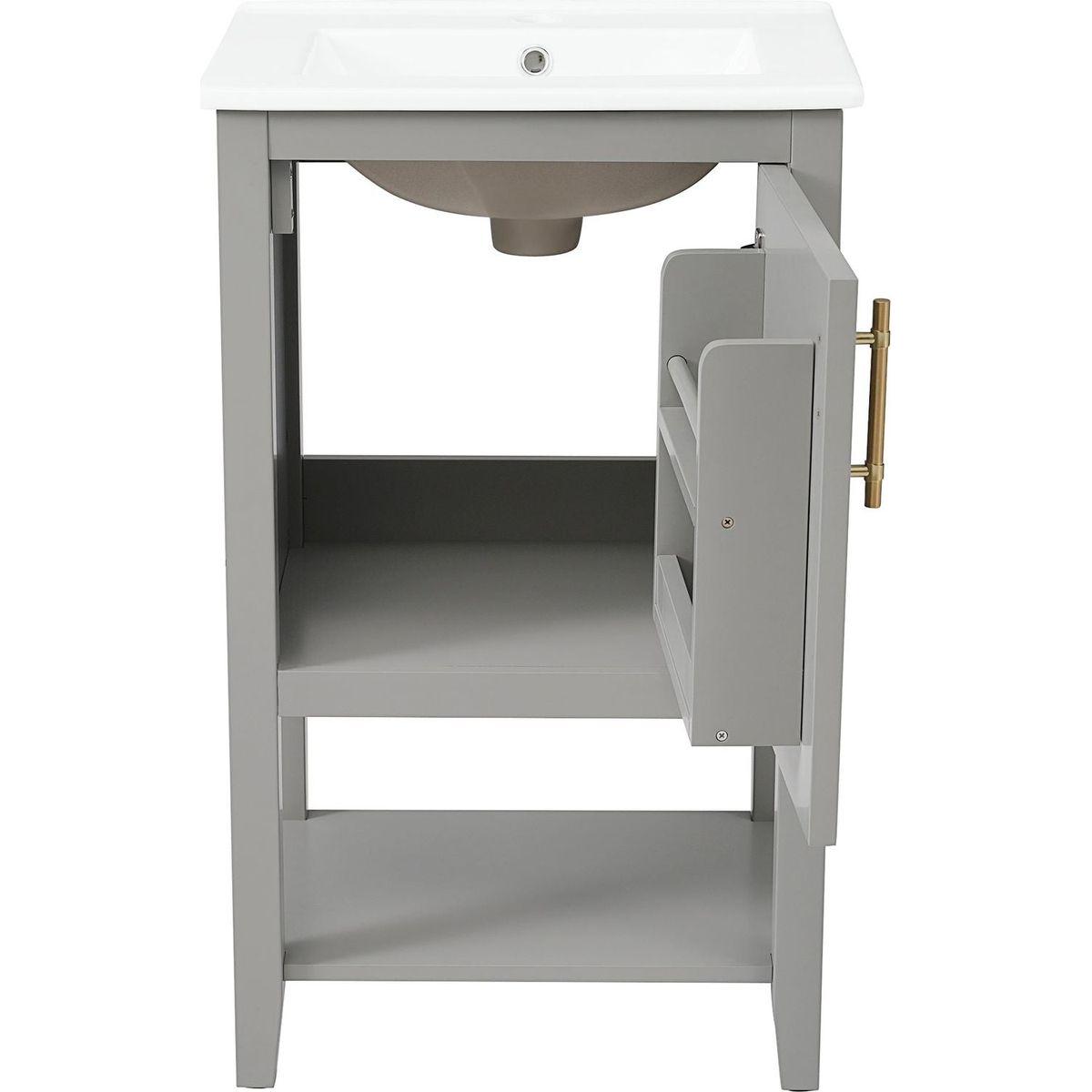 20" Bathroom Vanity with Sink, Bathroom Cabinet with Soft Closing Door, Storage Rack and Open Shelf, Grey