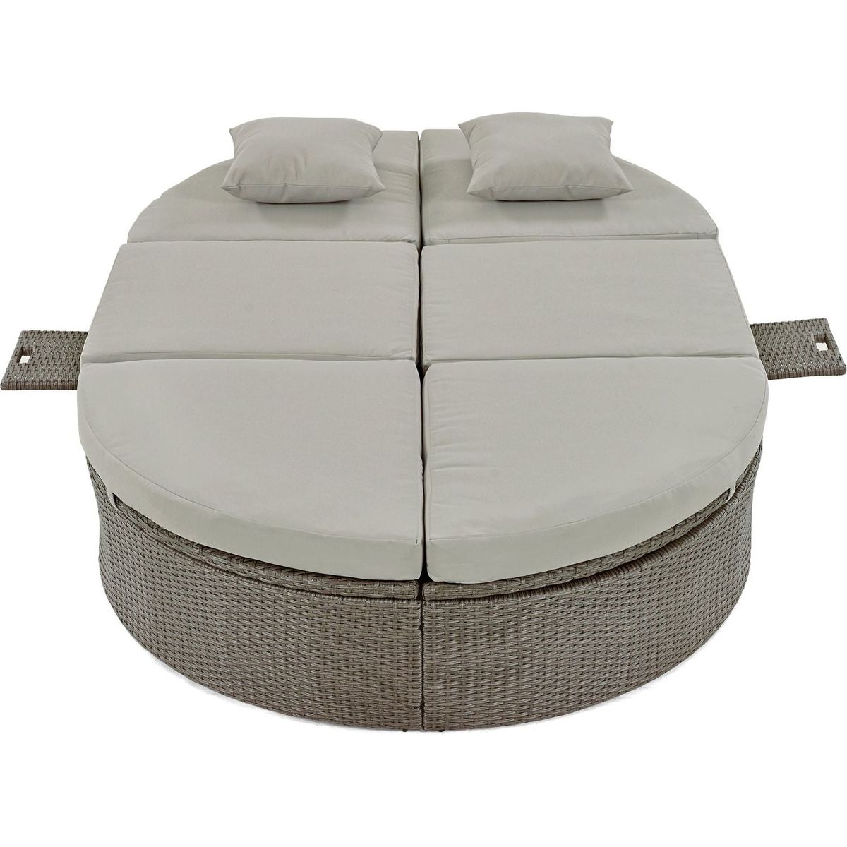 Outdoor Sun Bed Patio 2-Person Daybed with Cushions and Pillows, Rattan Garden Reclining Chaise Lounge with Adjustable Backrests and Foldable Cup Trays for Lawn,Poolside, Gray