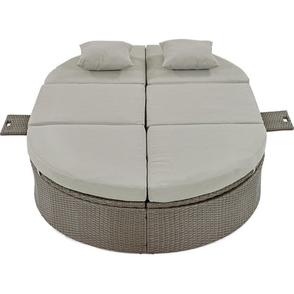 Outdoor Sun Bed Patio 2-Person Daybed with Cushions and Pillows, Rattan Garden Reclining Chaise Lounge with Adjustable Backrests and Foldable Cup Trays for Lawn,Poolside, Gray