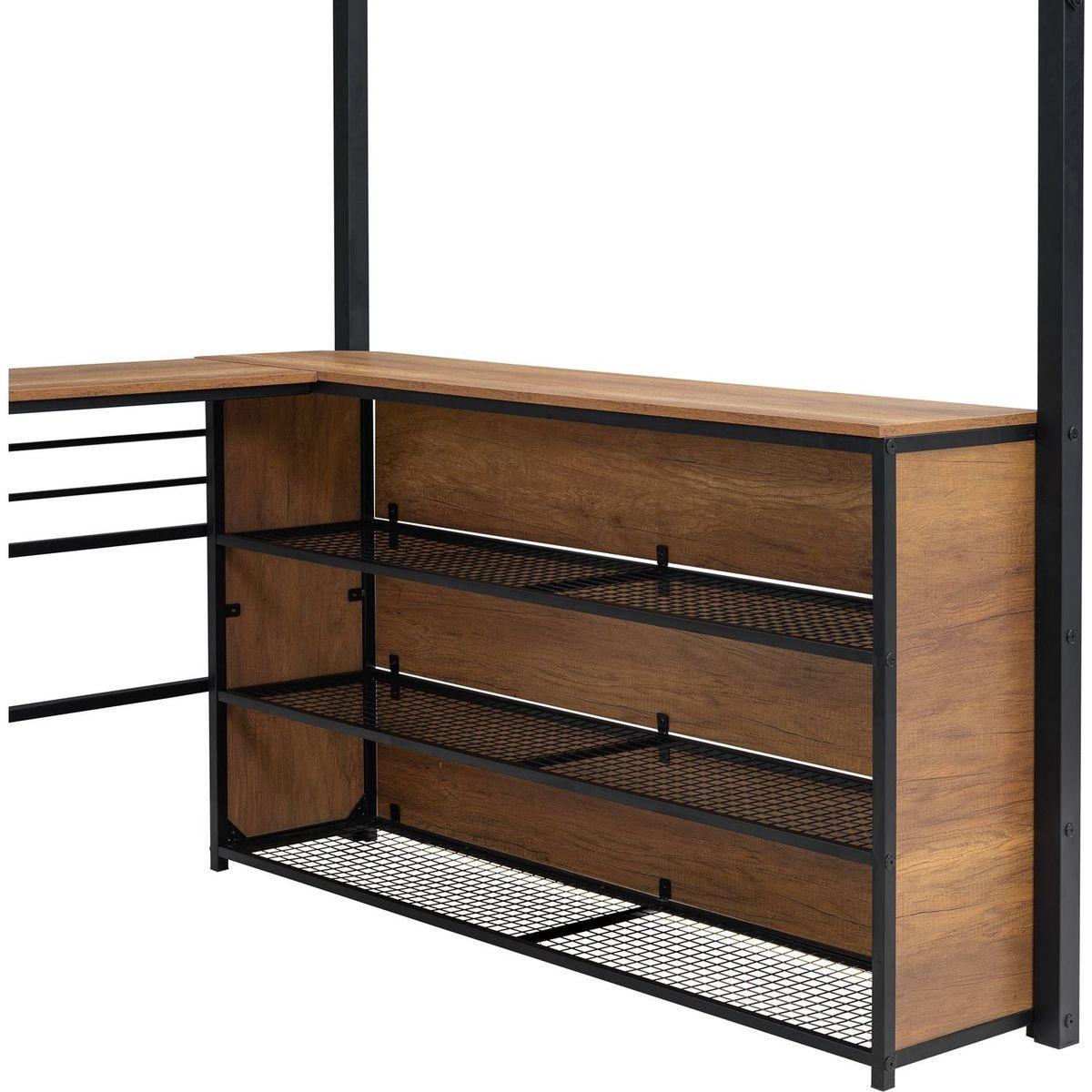 Full Size Metal Loft Bed with 3 Layers of Shelves and L-shaped Desk, Black