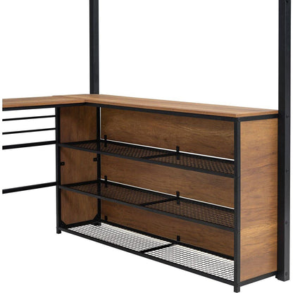 Full Size Metal Loft Bed with 3 Layers of Shelves and L-shaped Desk, Black