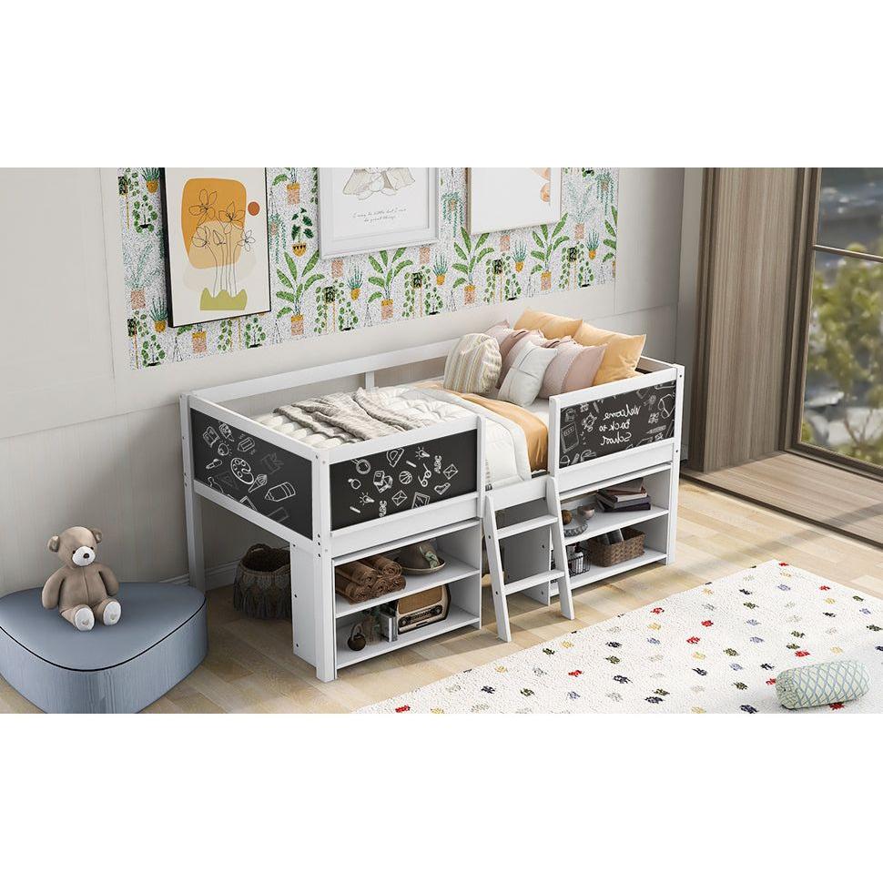 Twin Size Low Loft Bed with Two Movable Shelves and Ladder,with Decorative Guardrail Chalkboard,White
