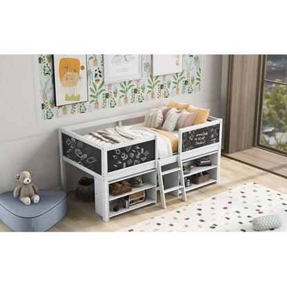 Twin Size Low Loft Bed with Two Movable Shelves and Ladder,with Decorative Guardrail Chalkboard,White