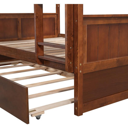 Full Over Full Bunk Bed with Twin Size Trundle, Walnut