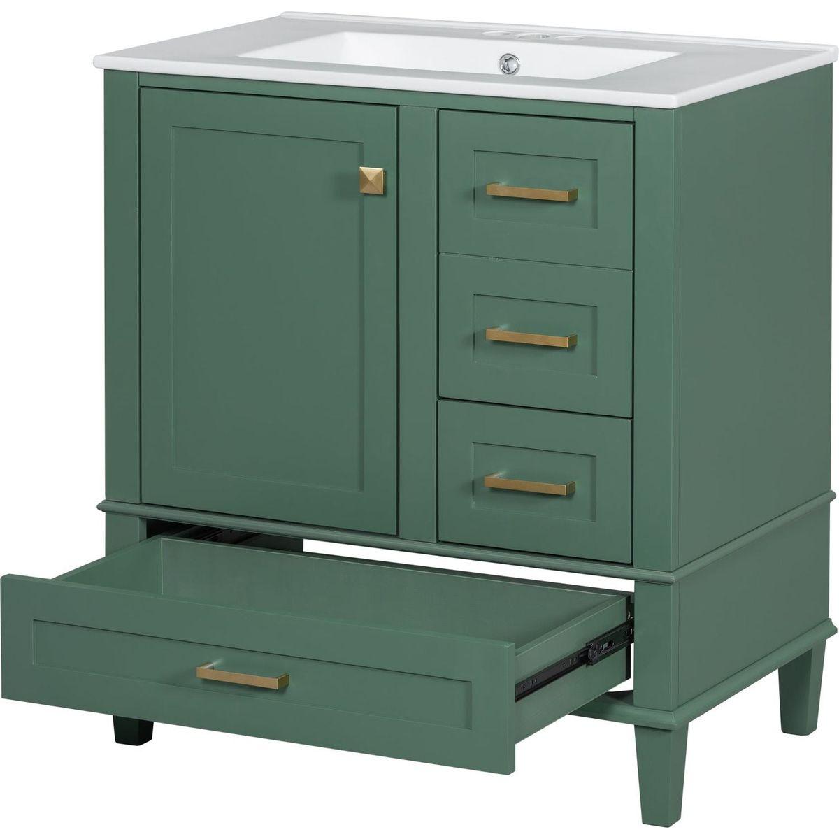 30" Bathroom Vanity in Green, Modern Bathroom Cabinet with Sink Combo Set, Bathroom Storage Cabinet with a Soft Closing Door and 3 Drawers, Solid Wood Frame