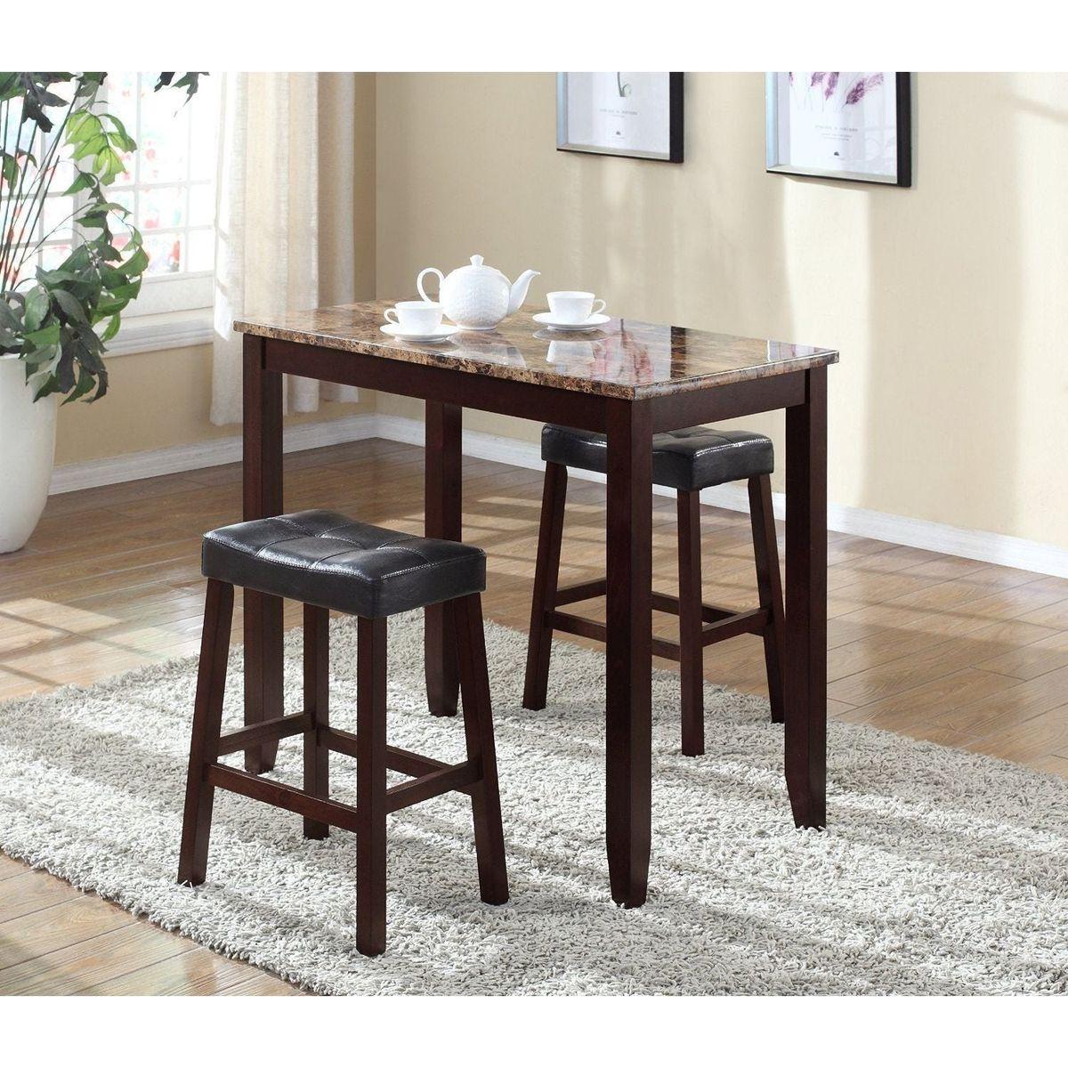 3-Piece Counter Height Glossy Print Marble Breakfast Table with Stools, Espresso