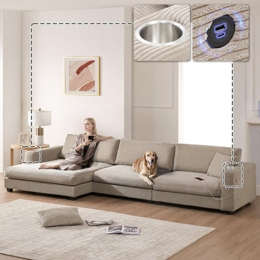 [VIDEO+NEW]134*54' Oversized Corduroy Sectional Sofa,L Shaped Cloud Couch with USB Charging Port,Cup Holder,Deep and Wide Seat Sofa with 50' Chaise,Comfy Indoor Furniture for Living Room,3 Colors