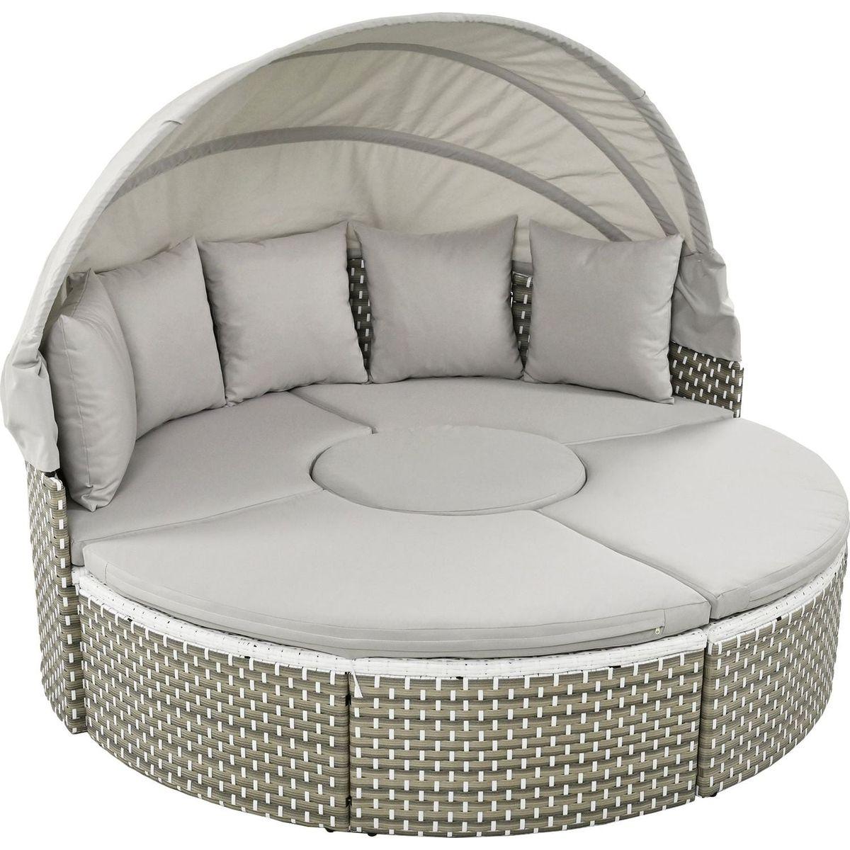 Patio Furniture Round Outdoor Sectional Sofa Set Rattan Daybed Two-Tone Weave Sunbed with Retractable Canopy, Separate Seating and Removable Cushion, Gray