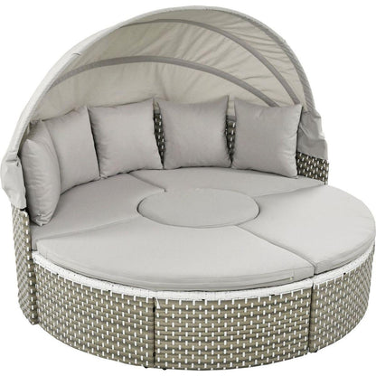 Patio Furniture Round Outdoor Sectional Sofa Set Rattan Daybed Two-Tone Weave Sunbed with Retractable Canopy, Separate Seating and Removable Cushion, Gray