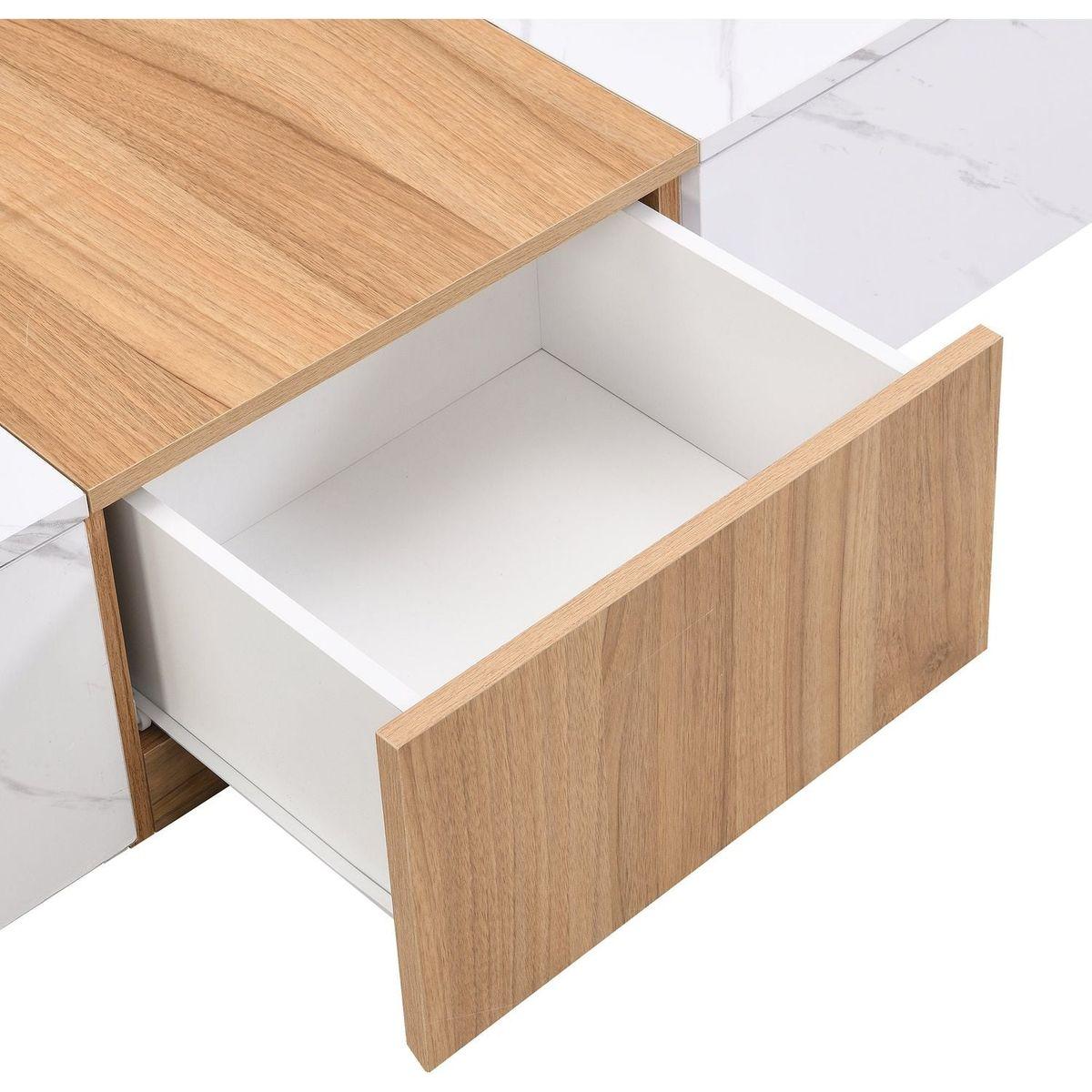 TV Stand with Faux Marble and Walnut Wood Grain Finish for TVs up to 88", Modern Free-Combination Entertainment Center with 4 Storage Drawers for Living Room, White