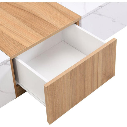 TV Stand with Faux Marble and Walnut Wood Grain Finish for TVs up to 88", Modern Free-Combination Entertainment Center with 4 Storage Drawers for Living Room, White