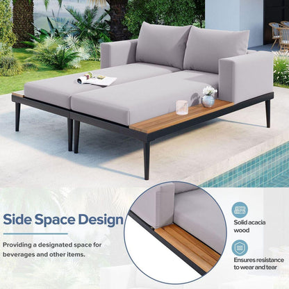 Modern Outdoor Daybed Patio Metal Daybed with Wood Topped Side Spaces for Drinks, 2 in 1 Padded Chaise Lounges for Poolside, Balcony, Deck, Gray