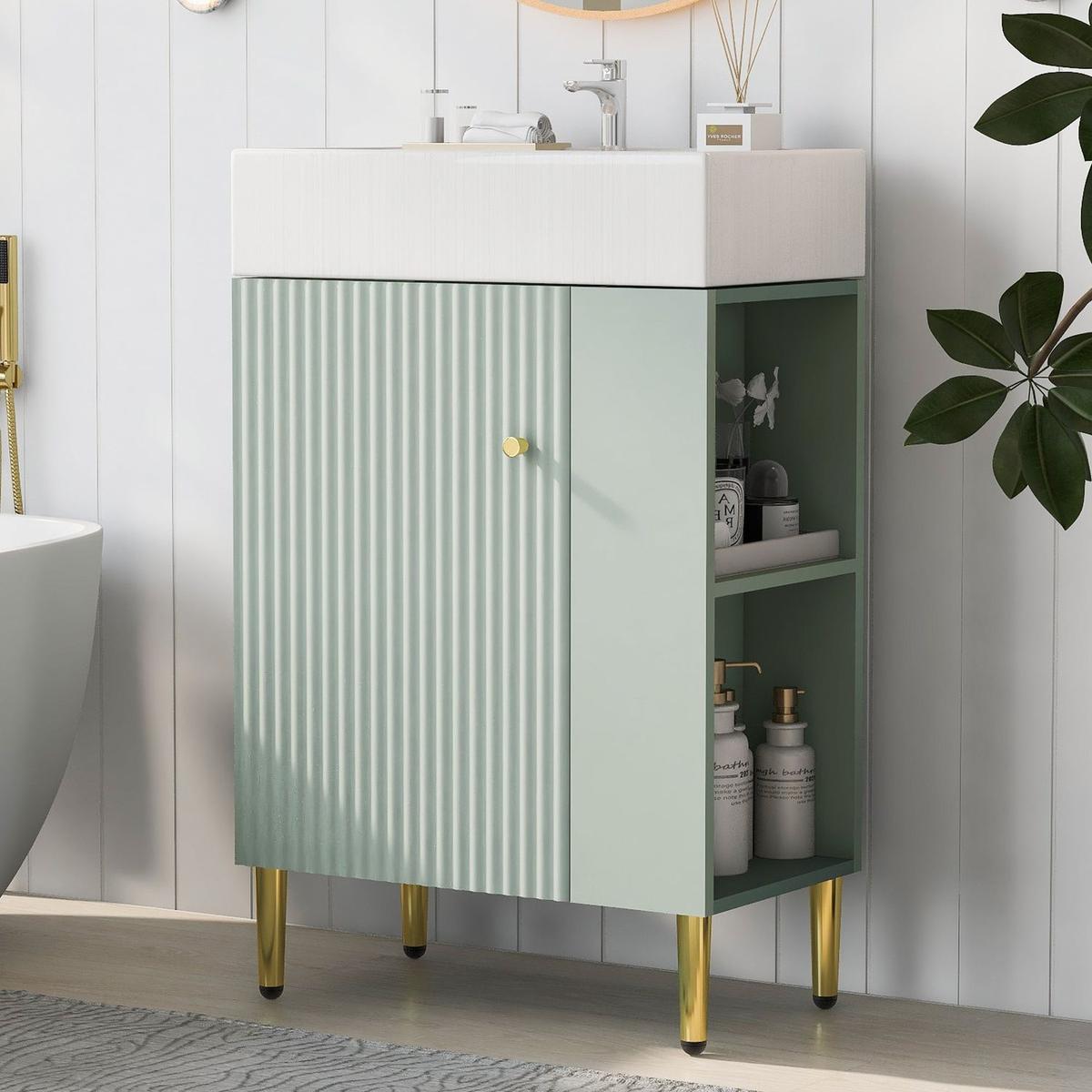 21.6" Green Bathroom vanity, Combo Cabinet, Bathroom Storage Cabinet, Single Ceramic Sink, Right side storage