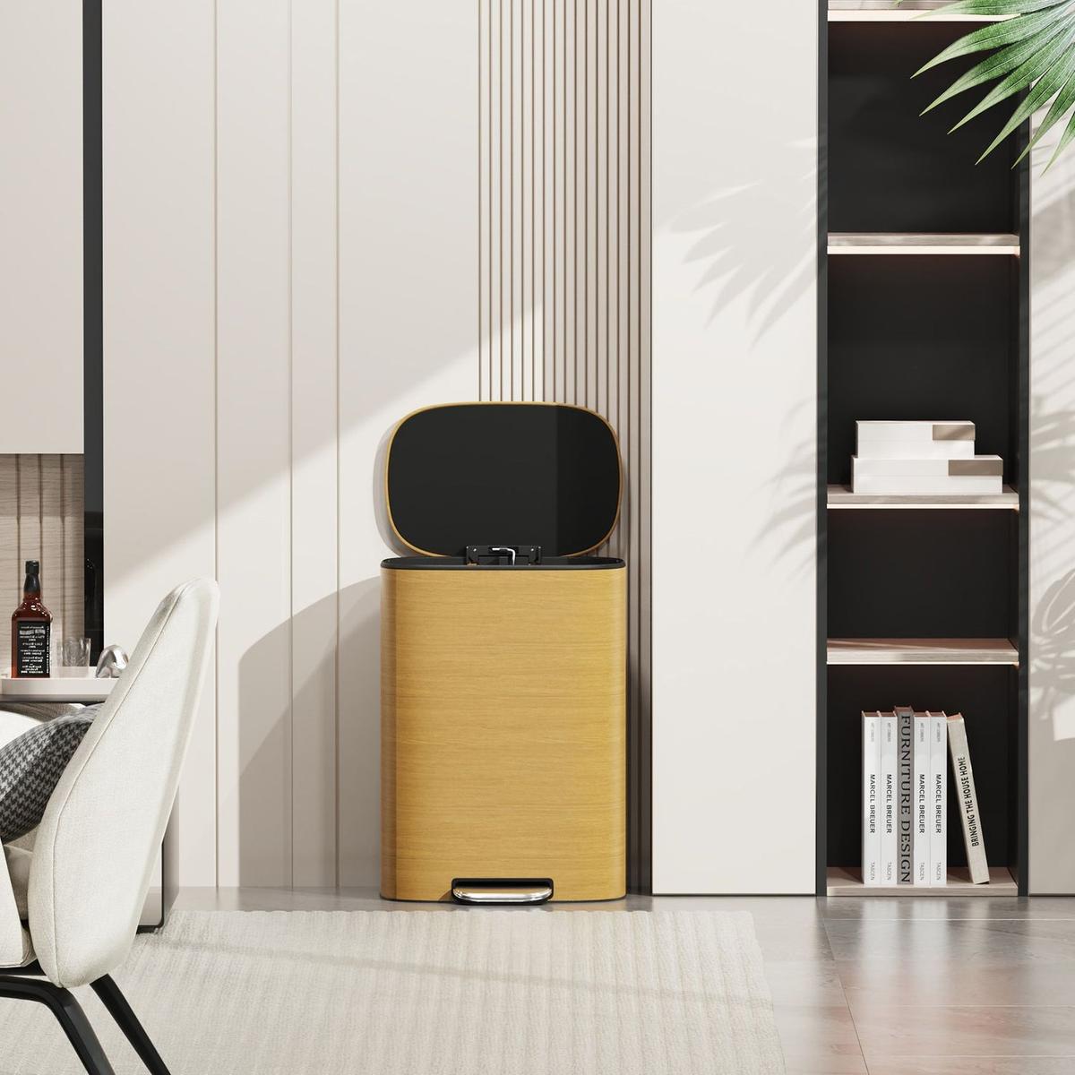 13 Gallon 50L Kitchen Foot Pedal Operated Soft Close Trash Can - Stainless Steel Ellipse Bustbin - Wood