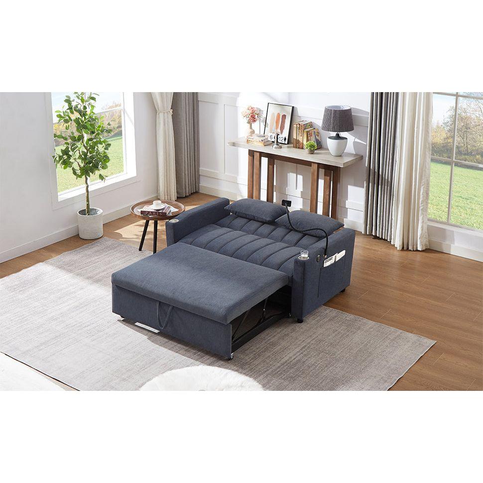 55.9" Convertible Sofa Bed Loveseat Sofa with Three USB Ports, Two Side Pockets, Two Cup Holders and 360Swivel Phone Holder for Living Room, Blue Grey