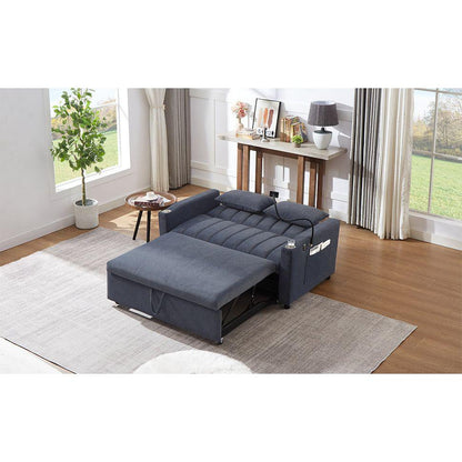 55.9" Convertible Sofa Bed Loveseat Sofa with Three USB Ports, Two Side Pockets, Two Cup Holders and 360Swivel Phone Holder for Living Room, Blue Grey