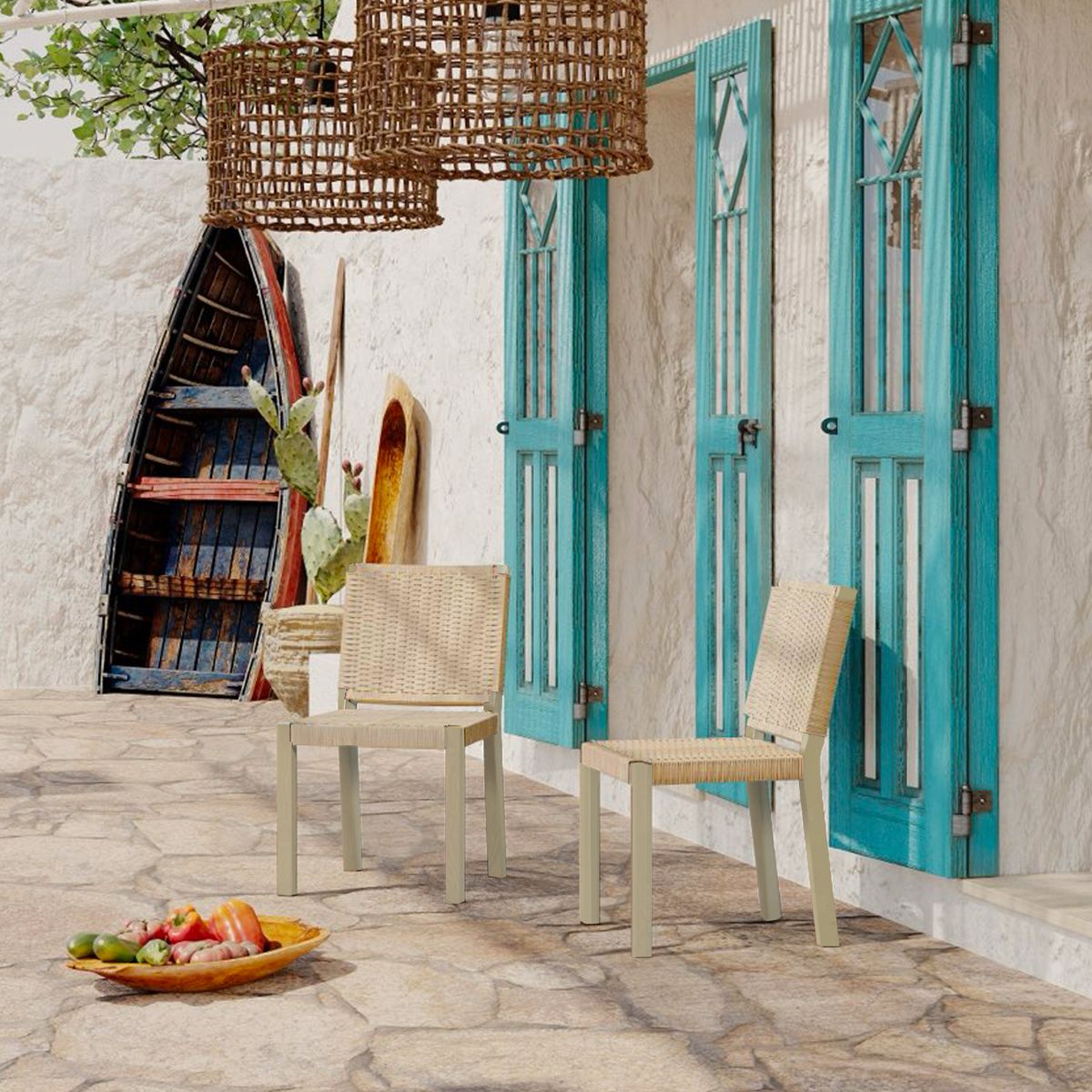 Farmhouse Modern Dining Chairs Set of 2-Solid Wood Rattan Backrest  Champagne Finish Indoor/Outdoor Versatility