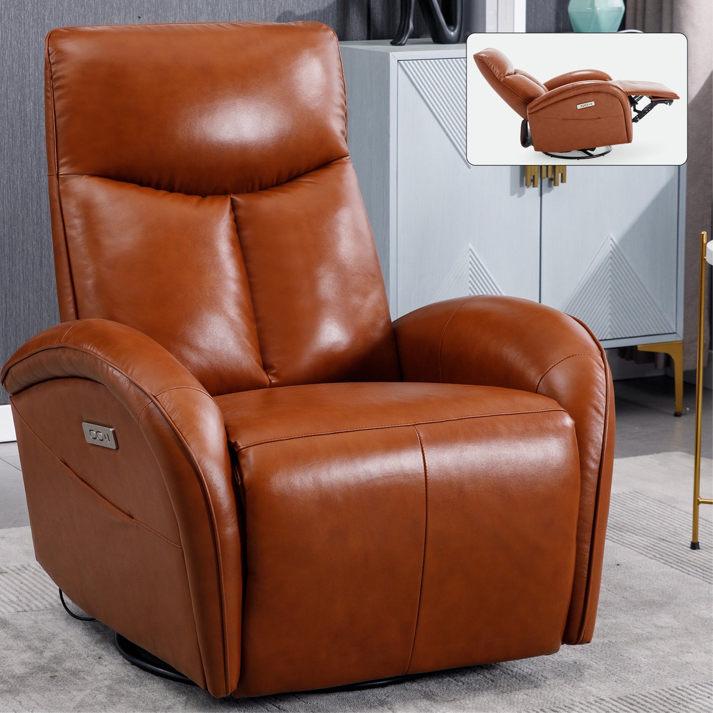 Yellow Brown Genuine Leather Swivel and Rocker Power Recliner Chair with Lumbar Support, Max Swivel Degree 270, Heavy Duty Motion Mechanism with USB and Type-C