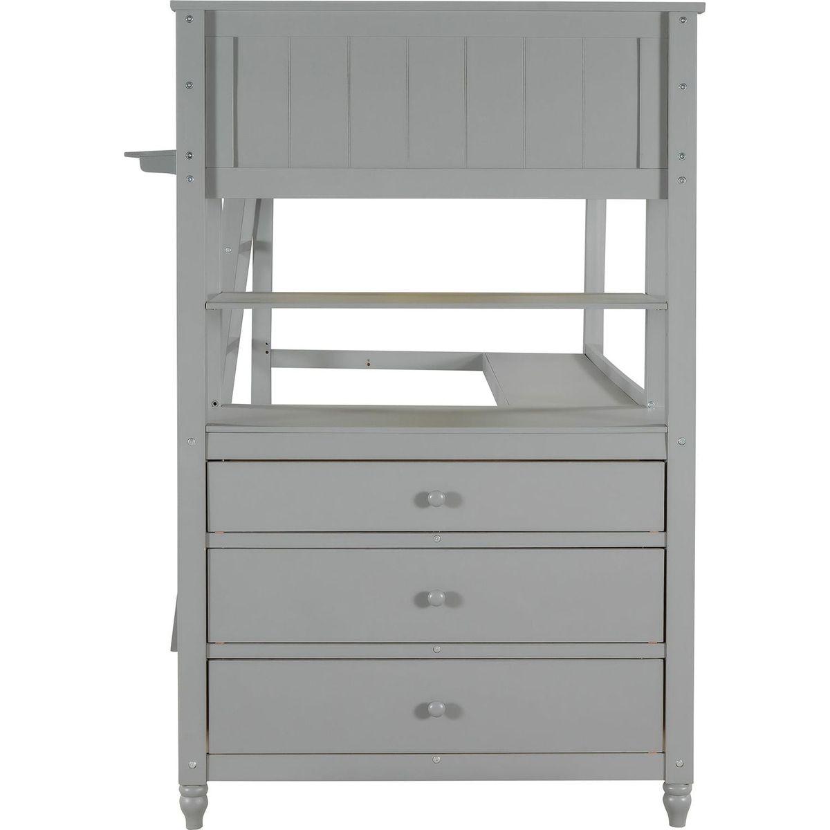 Twin size Loft Bed with Drawers and Desk, Wooden Loft Bed with Shelves - Gray