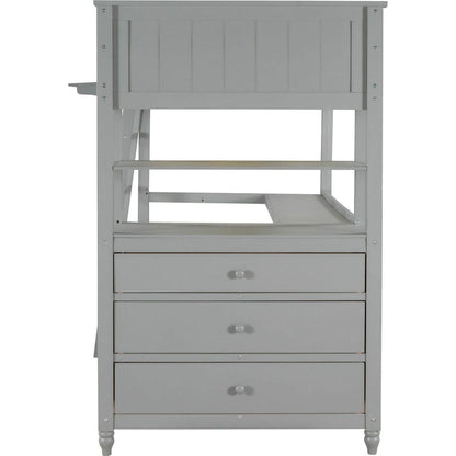 Twin size Loft Bed with Drawers and Desk, Wooden Loft Bed with Shelves - Gray