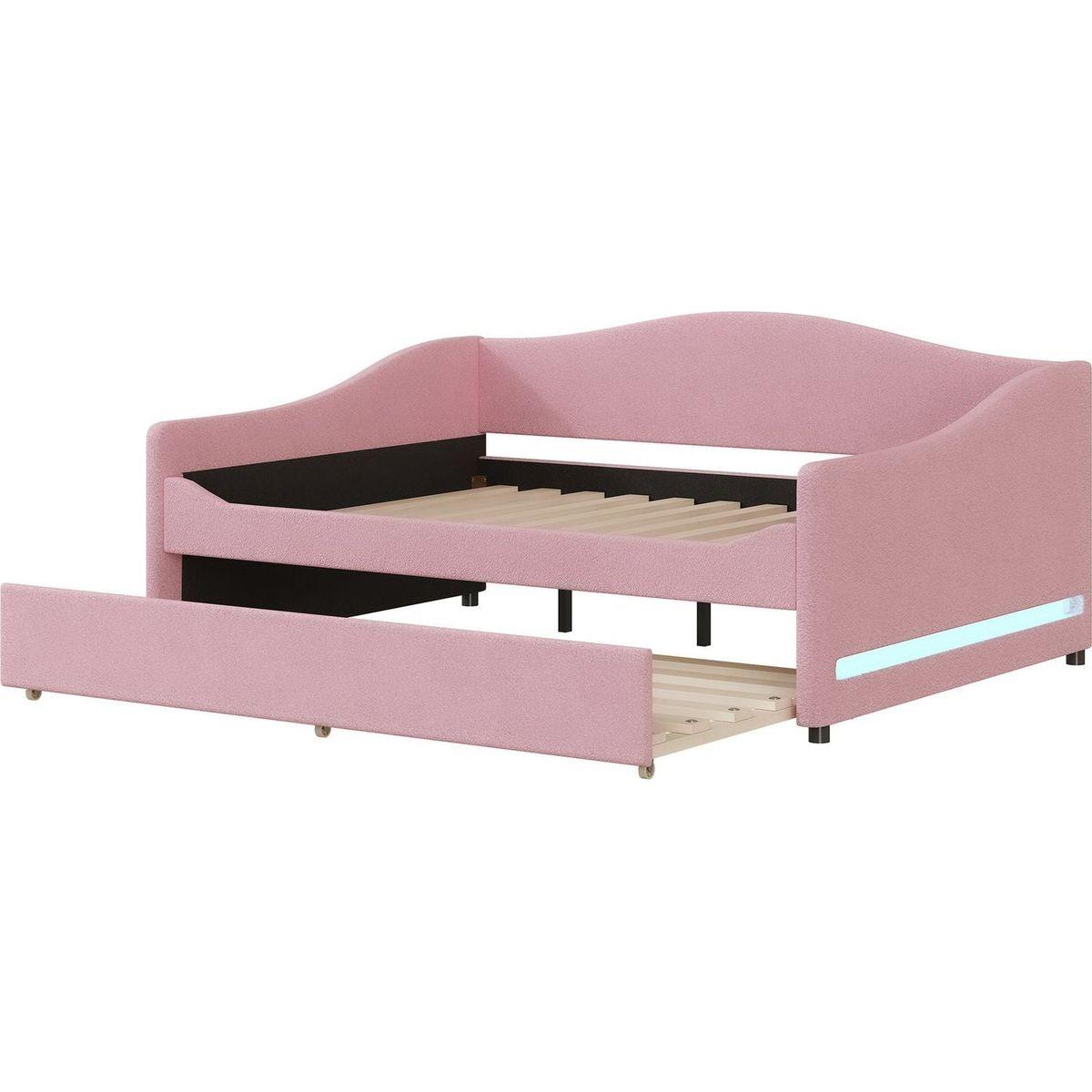Teddy Fleece Full Size Upholstered Daybed with Light and Trundle, Pink