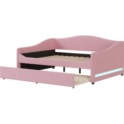 Teddy Fleece Full Size Upholstered Daybed with Light and Trundle, Pink