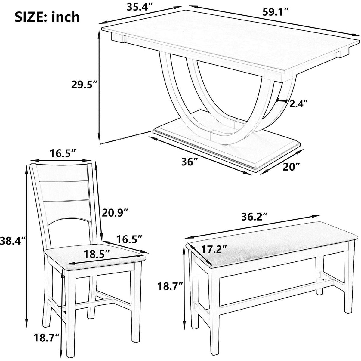 6-Piece Wood Half Round Dining Table Set Kitchen Table Set with Long Bench and 4 Dining Chairs, Modern Style, Gray