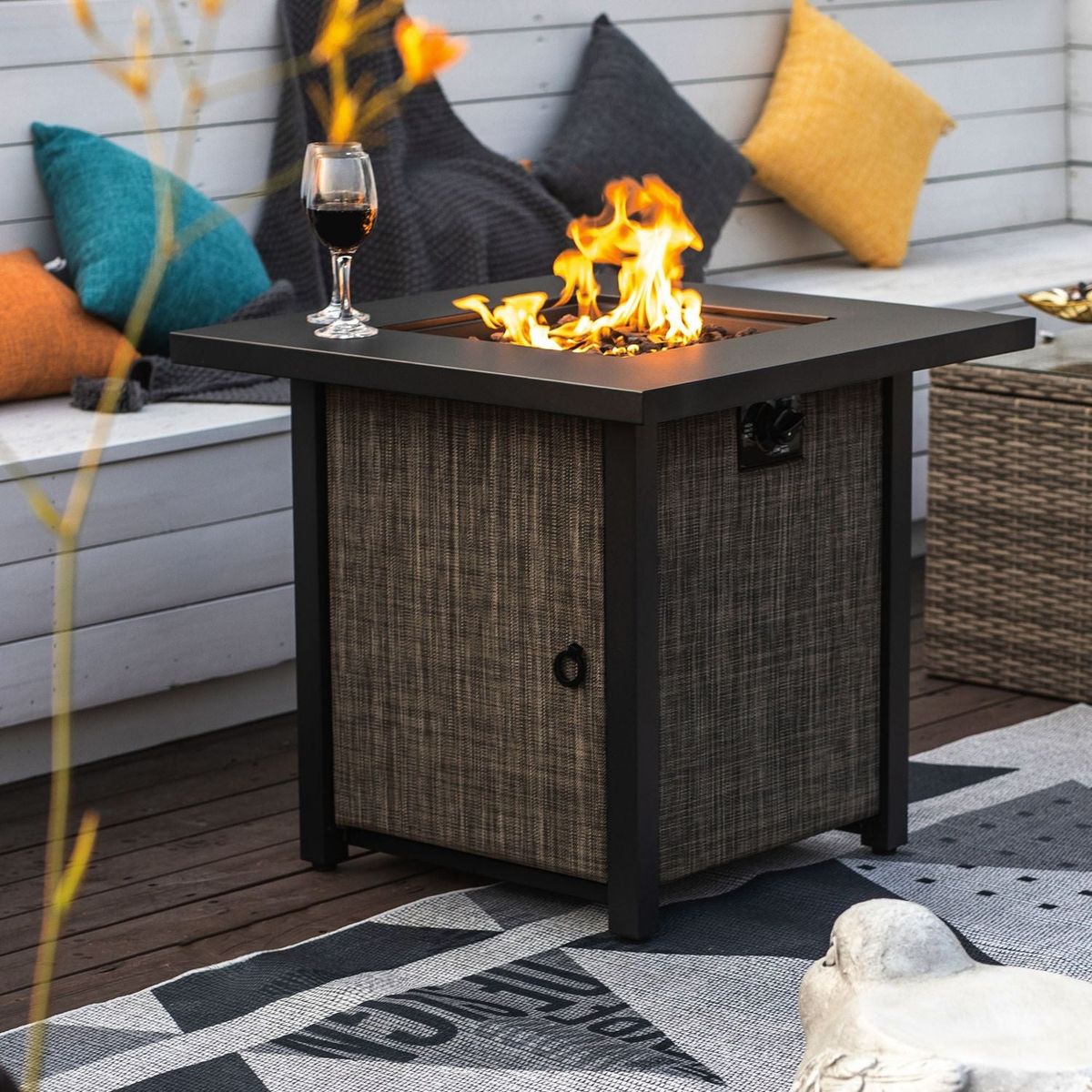 40000BTU Square Propane Fire Pit Table Steel Tabletop with Textilene Side Panel, Steel Lid and Rocks