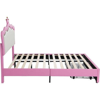 Full Size Upholstered Bed Frame with LED Lights, Modern Upholstered Princess Bed with Crown Headboard, 2 Drawers, Pink+White