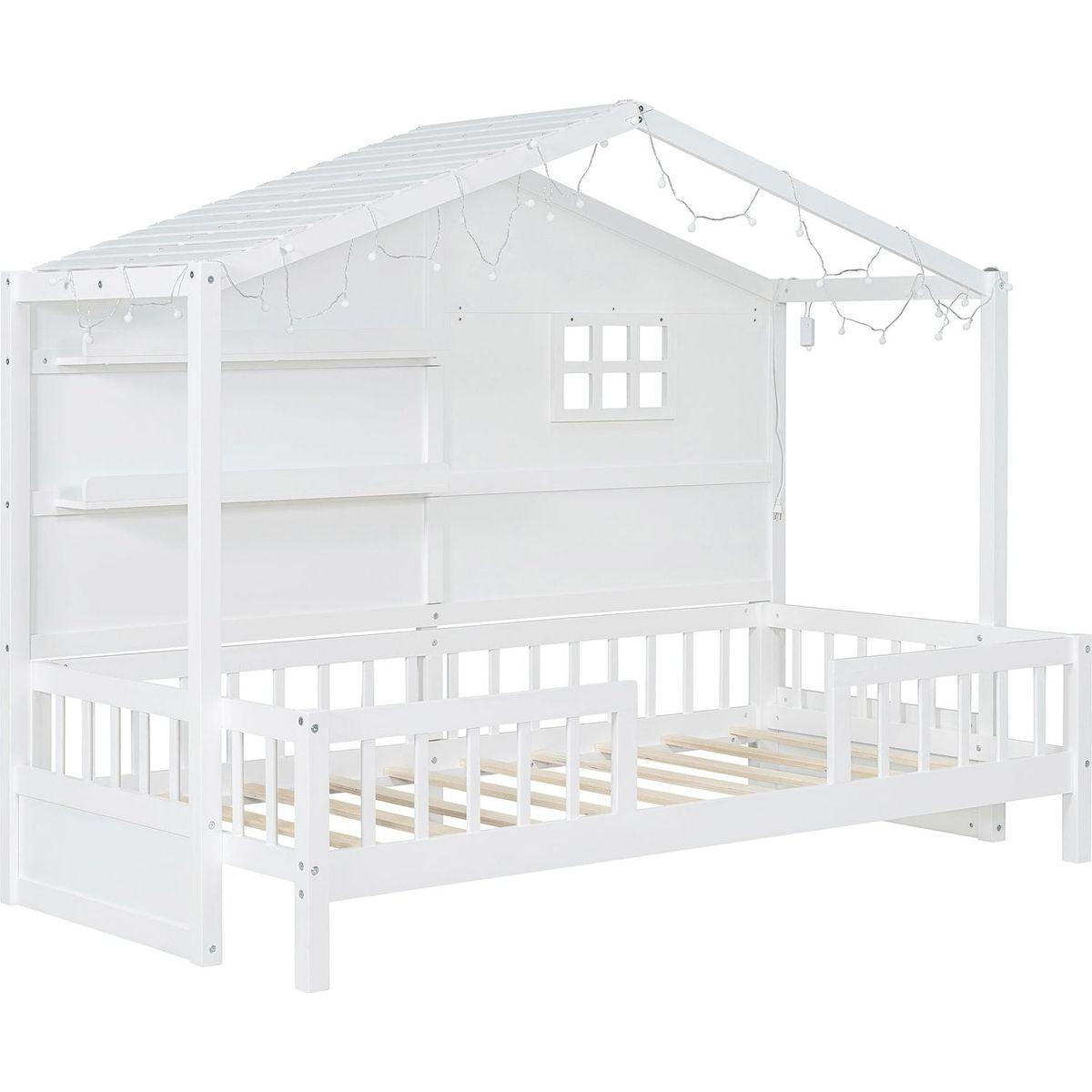 Twin Size House Bed with Shelves, House Bed with Window and Sparkling Light Strip on the Roof, White